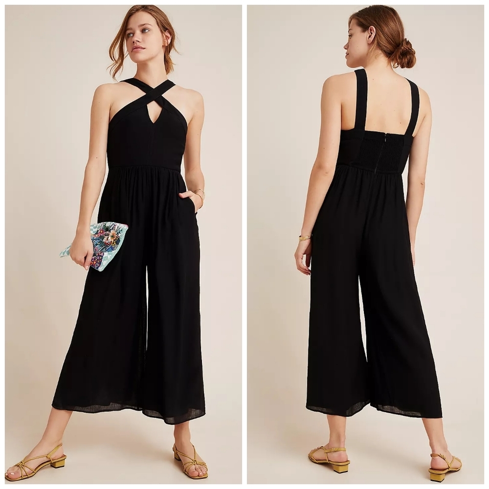 Anthropologie Black Crisscross Halter Wide-Leg Jumpsuit